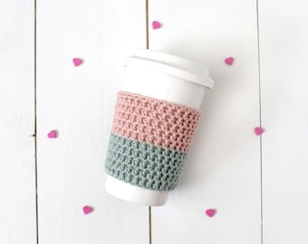 Reusable Coffee Sleeve in Light Pink and Turquoise- Valentine's Day Coffee Sleeve