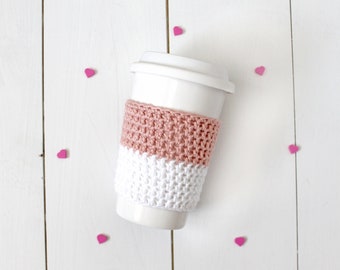 Reusable Coffee Sleeve in White and Light Pink- Valentine's Day Coffee Sleeve