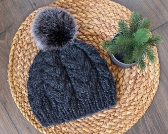 Knitted Cable Beanie in Charcoal Gray with Faux Fur Black Pom Pom- Handmade Woman's Hat