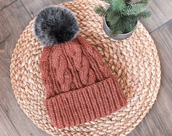 Cozy Cable Fold Up Beanie in Spice Red Orange with Black Faux Fur Pom Pom- Woman's Handmade Knitted Hat