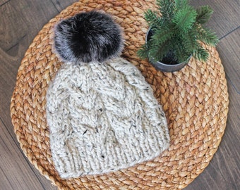 Knitted Cable Beanie in Oatmeal Off White- Handmade Woman's Hat