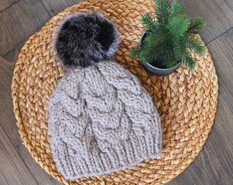 Knitted Cable Beanie in Tan Driftwood with Faux Fur Black Pom Pom- Handmade Woman's Hat