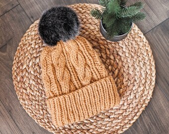 Cozy Cable Fold Up Beanie in Golden Yellow with Black Faux Fur Pom Pom- Woman's Handmade Knitted Hat
