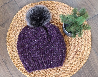 Knitted Spiral Beanie in Raisin Purple with Faux Fur Black Pom Pom- Handmade Woman's Hat