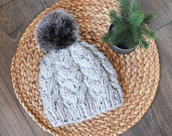 Knitted Cable Beanie in Lightl Gray with Faux Fur Black Pom Pom- Handmade Woman's Hat