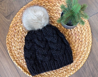 Knitted Cable Beanie in Black with Light Gray Faux Fur Pom Pom- Handmade Woman's Hat