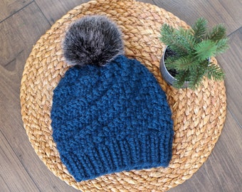 Knitted Spiral Beanie in Blue with Black Faux Fur Pom Pom- Handmade Woman's Hat