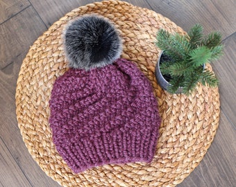 Knitted Spiral Beanie in Fig Purple with Black Faux Fur Pom Pom- Handmade Woman's Hat