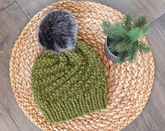 Knitted Spiral Beanie in Cilantro Green with Black Faux Fur Pom Pom- Handmade Woman's Hat