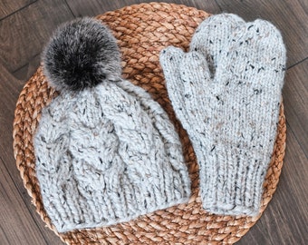 Knitted Hat and Mitten Set- Light Gray Hat and Mittens- Handmade Wool Hat and Mittens