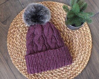 Cozy Cable Fold Up Beanie in Purple with Black Faux Fur Pom Pom- Woman's Handmade Knitted Hat
