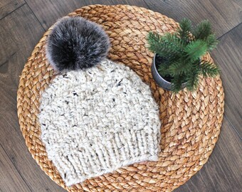 Knitted Spiral Beanie in Oatmeal Off White with Black Faux Fur Pom Pom- Handmade Woman's Hat