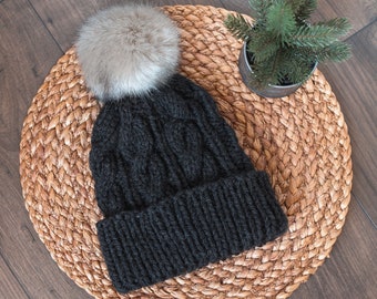 Cozy Cable Fold Up Beanie in Charcoal Black with Light Gray Faux Fur Pom Pom- Woman's Handmade Knitted Hat