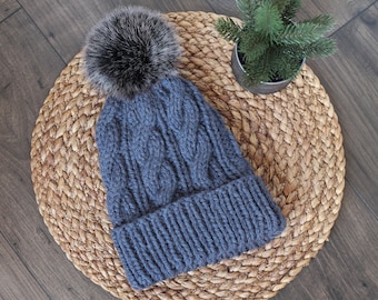 Cozy Cable Fold Up Beanie in Blue- Woman's Handmade Knitted Hat