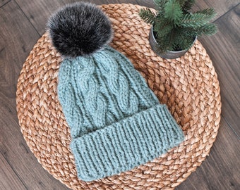 Cozy Cable Fold Up Beanie in Jade Blue with Black Faux Fur Pom Pom- Woman's Handmade Knitted Hat