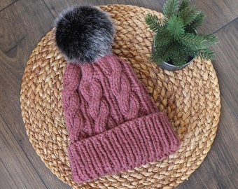 Cozy Cable Fold Up Beanie in Dark Pink with Black Faux Fur Pom Pom- Woman's Handmade Knitted Hat