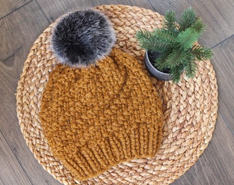Knitted Spiral Beanie in Rust Orange with Faux Fur Black Pom Pom- Handmade Woman's Hat