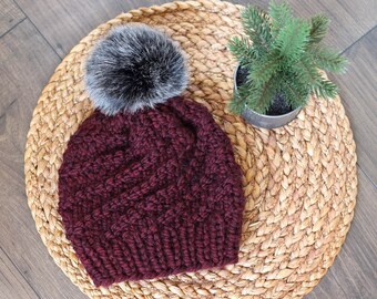 Knitted Spiral Beanie in Claret Red with Black Faux Fur Pom Pom- Handmade Woman's Hat