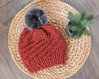 Knitted Spiral Beanie in Spice Orange with Black Faux Fur Pom Pom- Handmade Woman's Hat