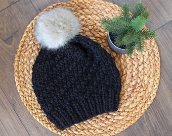 Knitted Spiral Beanie in Black with Light Gray Faux Fur Pom Pom- Handmade Woman's Hat