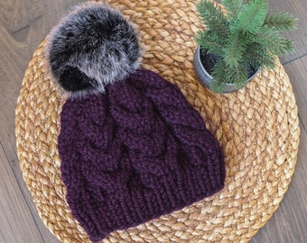 Knitted Cable Beanie in Eggplant Purple with Black Faux Fur Pom Pom- Handmade Woman's Hat