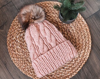 Cozy Cable Fold Up Beanie in Light Pink with Faux Fur Pom Pom- Woman's Handmade Knitted Hat