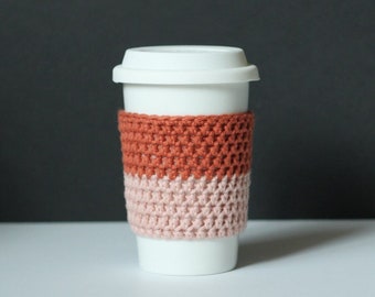 Reusable Coffee Sleeve in Blush Pink and Bruschetta Red- Crocheted Coffee Cozy- Java Jacket