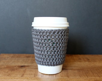 Reusable Coffee Sleeve in Grey- Crocheted Coffee Cozy- Java Jacket