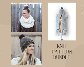 Knit Pattern Bundle - Three Knitting Patterns- Hat, Open Scarf, and Infinity Scarf Pattern- Instant Download- PDF