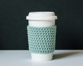 Reusable Coffee Sleeve in Pale Teal Blue- Crocheted Coffee Cozy- Java Jacket