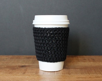 Reusable Coffee Sleeve in Black- Crocheted Coffee Cozy- Java Jacket