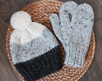 Knitted Hat and Mitten Set- Dark Gray, Light Gray, and Off White Hat and Light Gray Mittens- Wool Hat and Mittens
