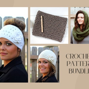 Crochet Pattern Bundle Four Crochet Patterns Headband, Hat, Cowl, and Infinity Scarf Pattern Instant Download PDF image 1