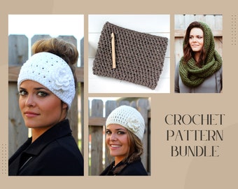 Crochet Pattern Bundle - Four Crochet Patterns- Headband, Hat, Cowl, and Infinity Scarf Pattern- Instant Download- PDF