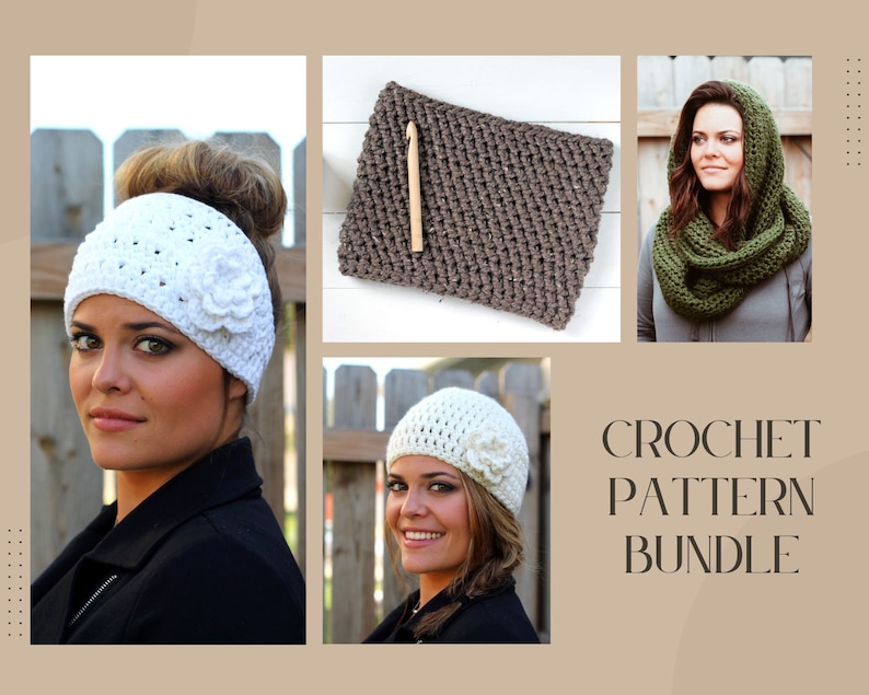 Crochet Pattern Bundle Four Crochet Patterns Headband, Hat, Cowl, and Infinity Scarf Pattern Instant Download PDF image 1