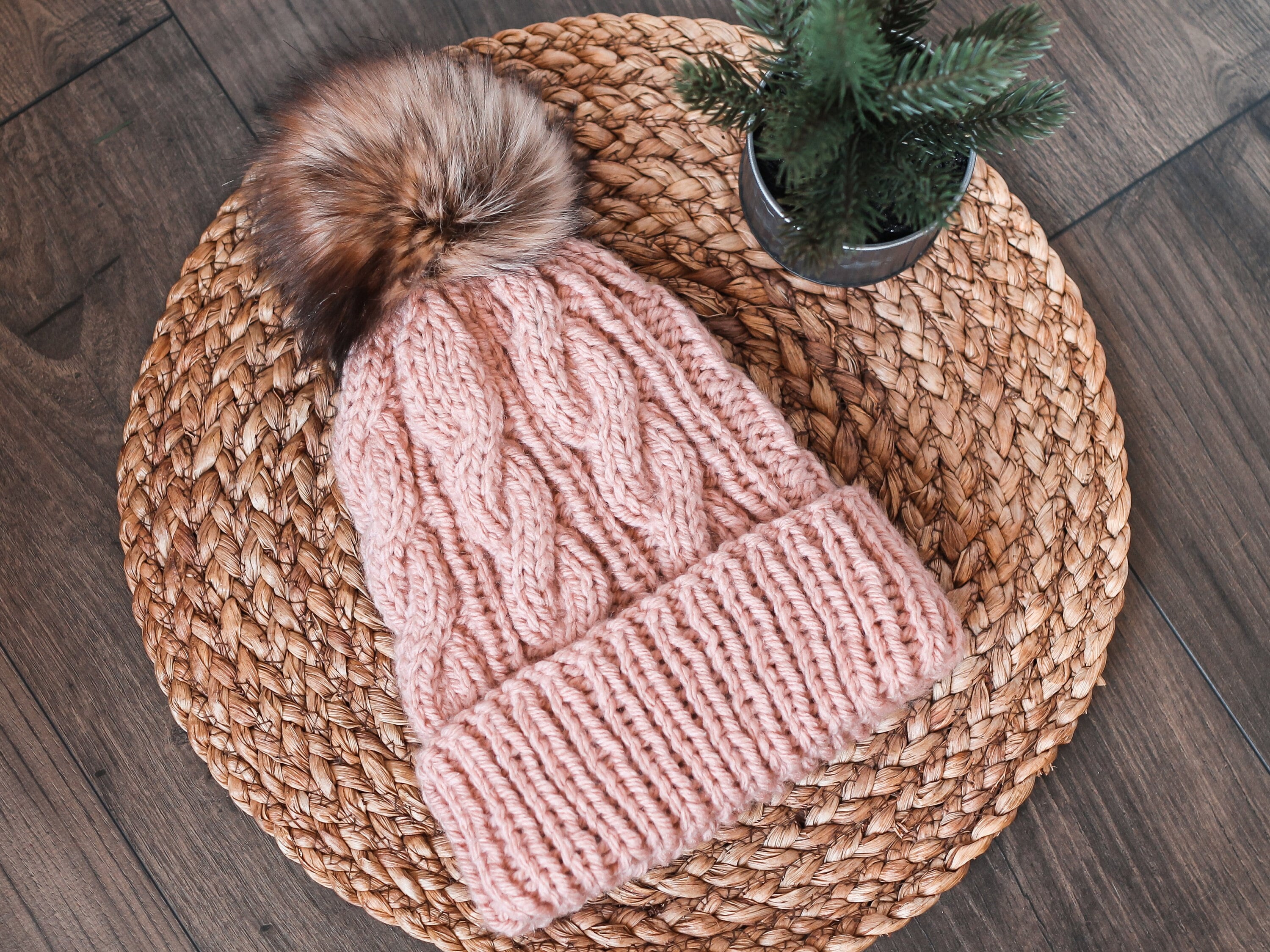 Pink Chunky Cable Knit Beanie with Faux Fur Pom  NWT Pink Knit Beanie With Poof - Make Offer Great | Mercari main image 2