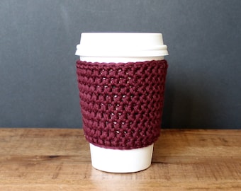 Reusable Coffee Sleeve in Maroon Red- Crocheted Coffee Cozy- Java Jacket