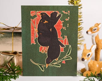 Four Calling Birds Greeting Card - Art Nouveau Christmas Card