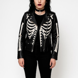 Women’s Skeleton Leather Jacket | Gothic Biker Moto Jacket with Skull & Bone Print | Punk Rock Halloween Outerwear