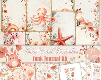 Baby Coral Keepsakes - Printable Boho Baby Girl Junk Journal Kit With Scrapbooking Ephemera