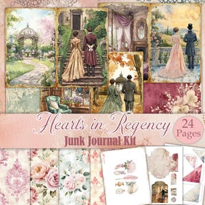Può includere: Un kit di junk journal intitolato "Hearts in Regency" con 24 pagine. Il kit presenta illustrazioni ad acquerello di coppie in abiti d'epoca, giardini e motivi floreali. La tavolozza dei colori include rosa, verdi e creme tenui.