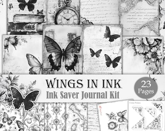 Wings in Ink - Printable Ink Saver Junk Journal Kit Mit Schwarzweißen Ephemera
