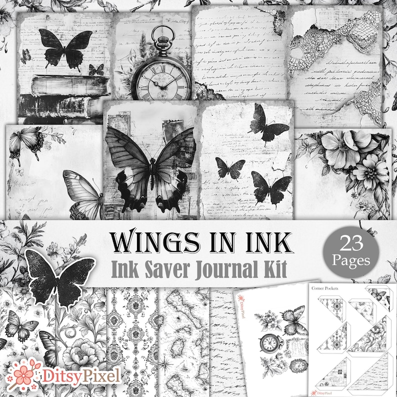 Ink Journal Front Wings in Ink - Printable Ink Saver Junk Journal Kit With Black and ...