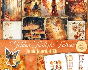 May include: A collection of watercolor illustrations featuring a fairy, mushrooms, and autumn foliage. The kit includes journal pages with a warm color palette of orange, brown, and gold. Text reads "Golden Twilight Fairies Junk Journal Kit".