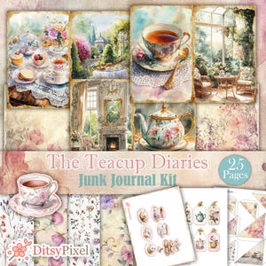 Puede incluir: Kit de diario basura digital "The Teacup Diaries" con ilustraciones de acuarela de tazas de té, teteras y arreglos florales. Incluye 25 páginas de diseños imprimibles, pegatinas y etiquetas con estética vintage.