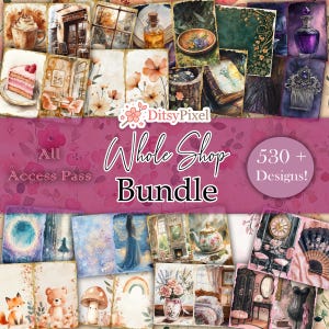 May include: A digital art bundle featuring watercolor illustrations. The images include a coffee cup, cake, flowers, and interior scenes. The text reads "Whole Shop Bundle" and "530+ Designs!" in a pink floral design.