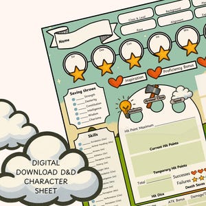 May include: A digital D&D character sheet with a light green background. The sheet includes sections for name, stats, skills, and hit points. Decorative elements include stars, hearts, and a cloud graphic. Text on the sheet includes "DIGITAL DOWNLOAD D&D CHARACTER SHEET".