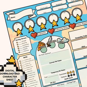 Pode incluir: Uma folha de personagem D&D digital com um fundo de céu azul e nuvens. A folha inclui seções para nome, estatísticas, testes de resistência, habilidades e pontos de vida. Gráficos pixelados incluem estrelas, corações e uma fatia de pizza.