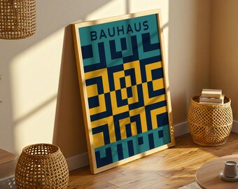Arte digital abstracto Bauhaus / Decoración de pared en amarillo y azul marino / Arte imprimible con patrón geométrico