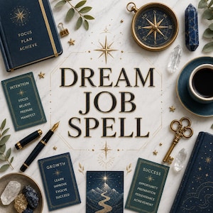 May include: An overhead shot features a collection of items arranged on a marble surface. A compass, journal, pen, and cards with text like "Dream Job Spell" and "Success" are visible. The color palette includes navy, gold, and white.